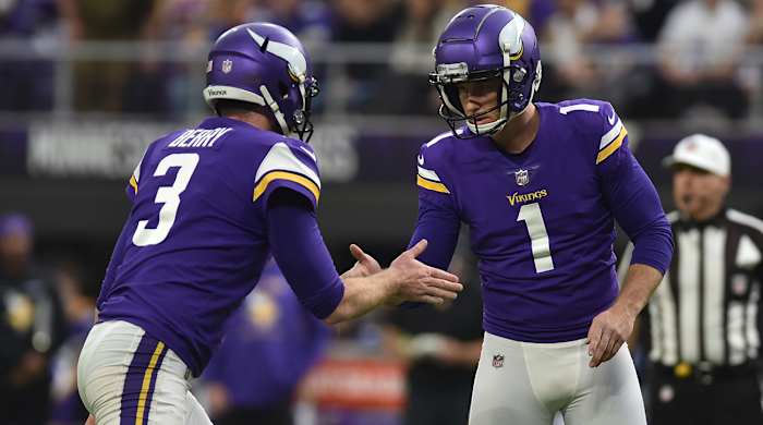 Minnesota Vikings kicker Greg Joseph (1) and punter Jordan Berry (3) react after a field goal against the Los Angeles Rams